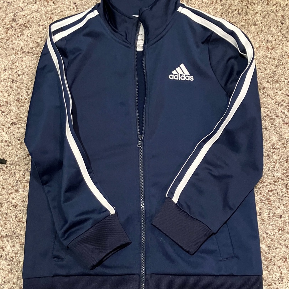 Adidas Boys Track Jacket Size 7 Navy Blue Full Zip Striped Sleeves